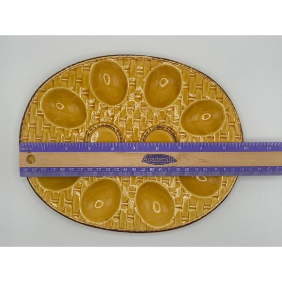 Vintage deviled egg tray in yellow basketweave design 10" x 8.25" oval MCM - Picture 2 of 6